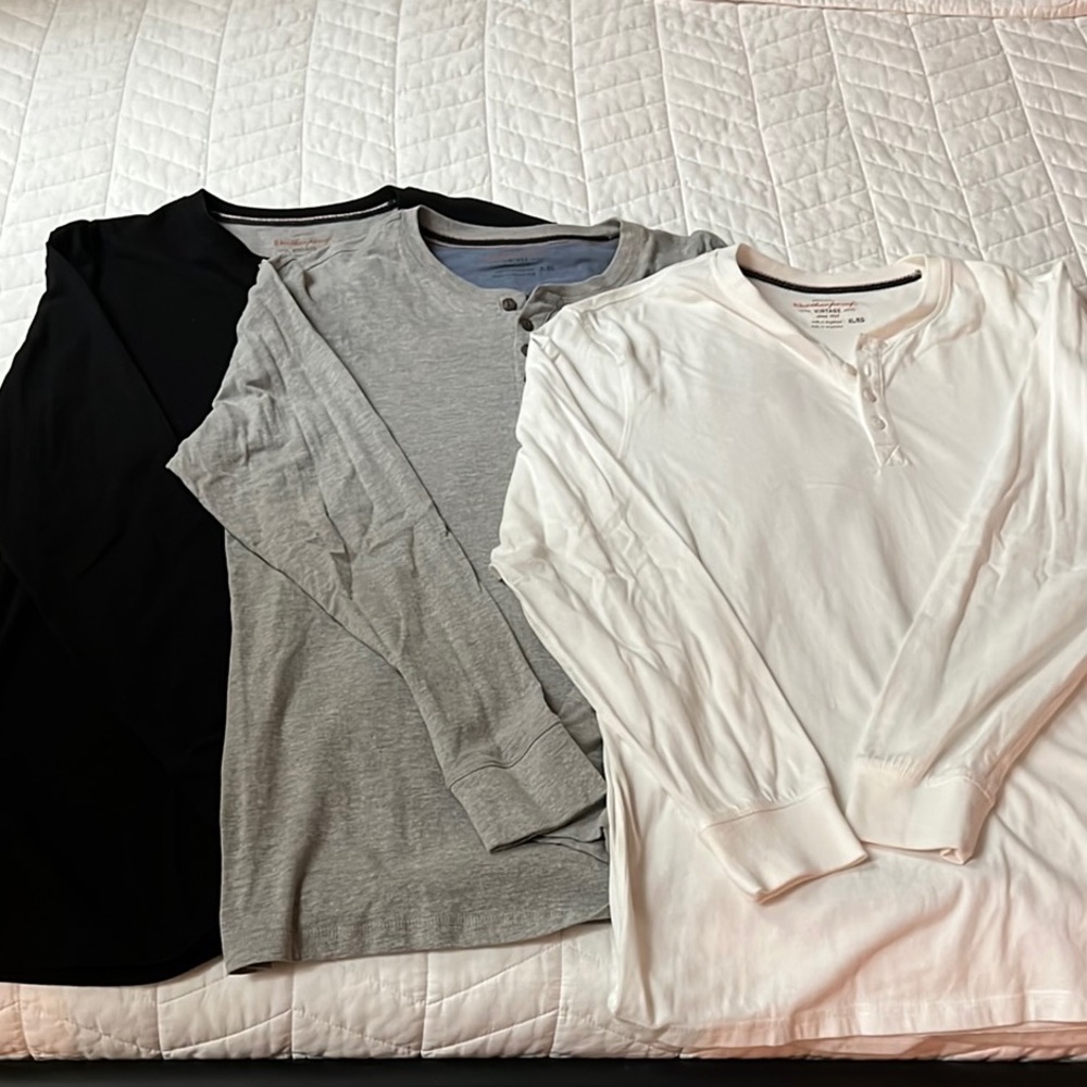 Black, Gray, and White Long Sleeve Shirts